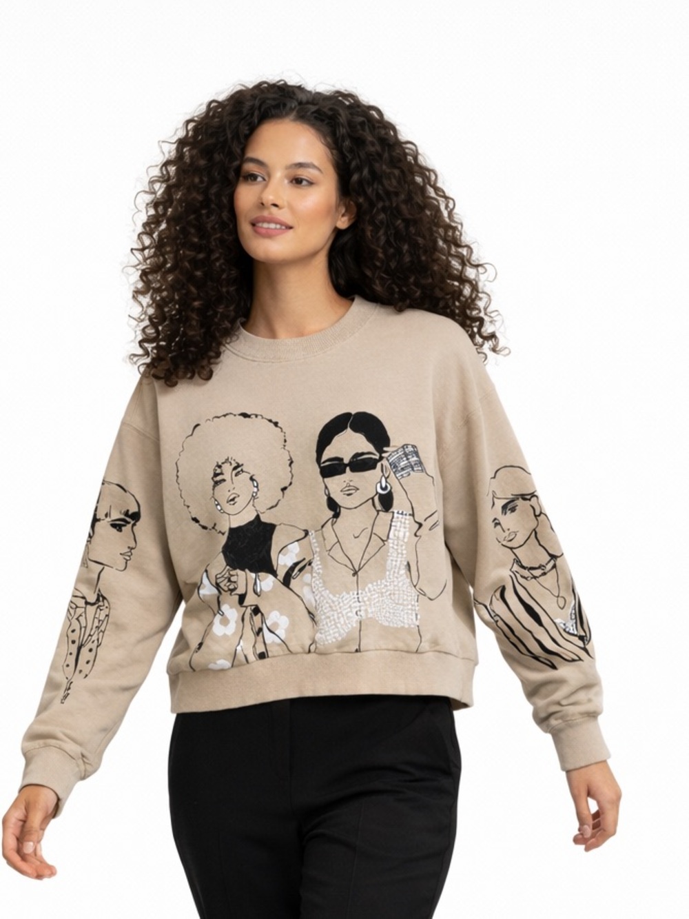 Zara Women Tan Graphic Fashion Illustration Relaxed Crew Neck Sweatshirt Small